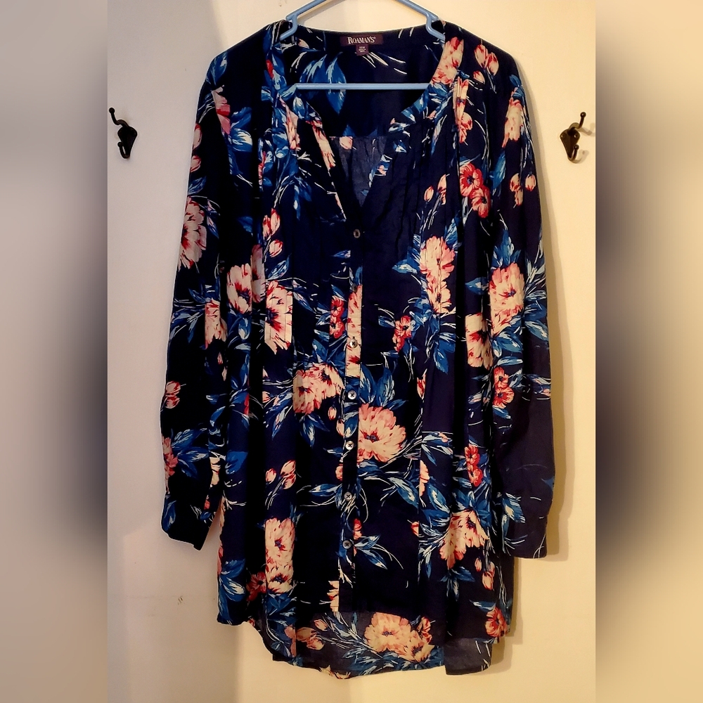 Roaman's Women's English Floral Blouse 22W Long Tunic Length